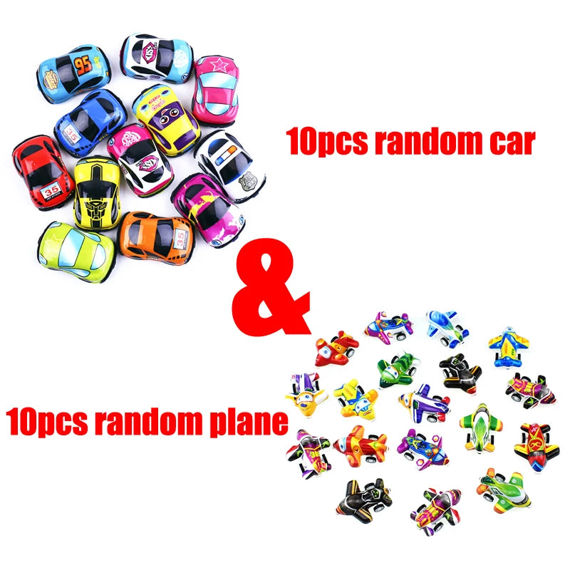 20pcs Cartoon Pull Back Cars & Planes – Mini Plastic Toy Vehicles for Kids