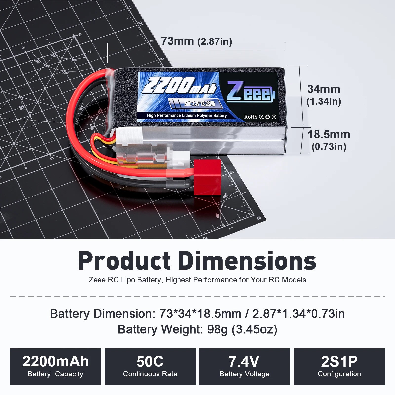 Zeee 2S LiPo Battery 7.4V 2200mAh 50C Shorty Pack – T/XT60 Plug