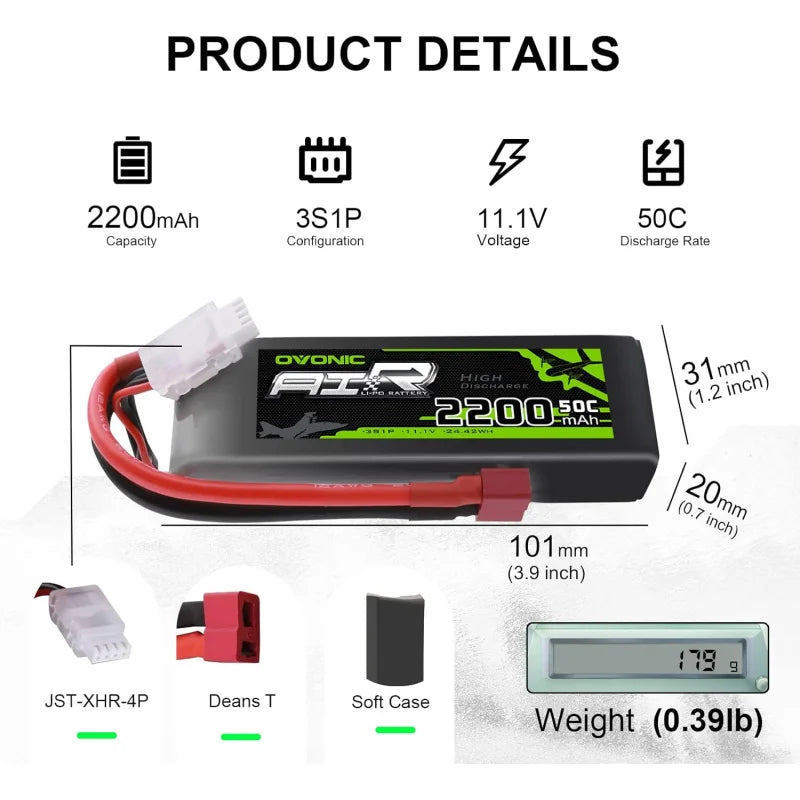 OVONIC 3S 2200mAh 50C Lipo Battery 11.1V with Dean Connector