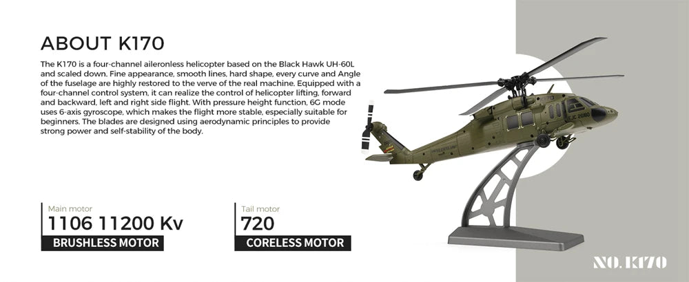 WLtoys K170 RC Helicopter Black Hawk 4CH Dual Brushless