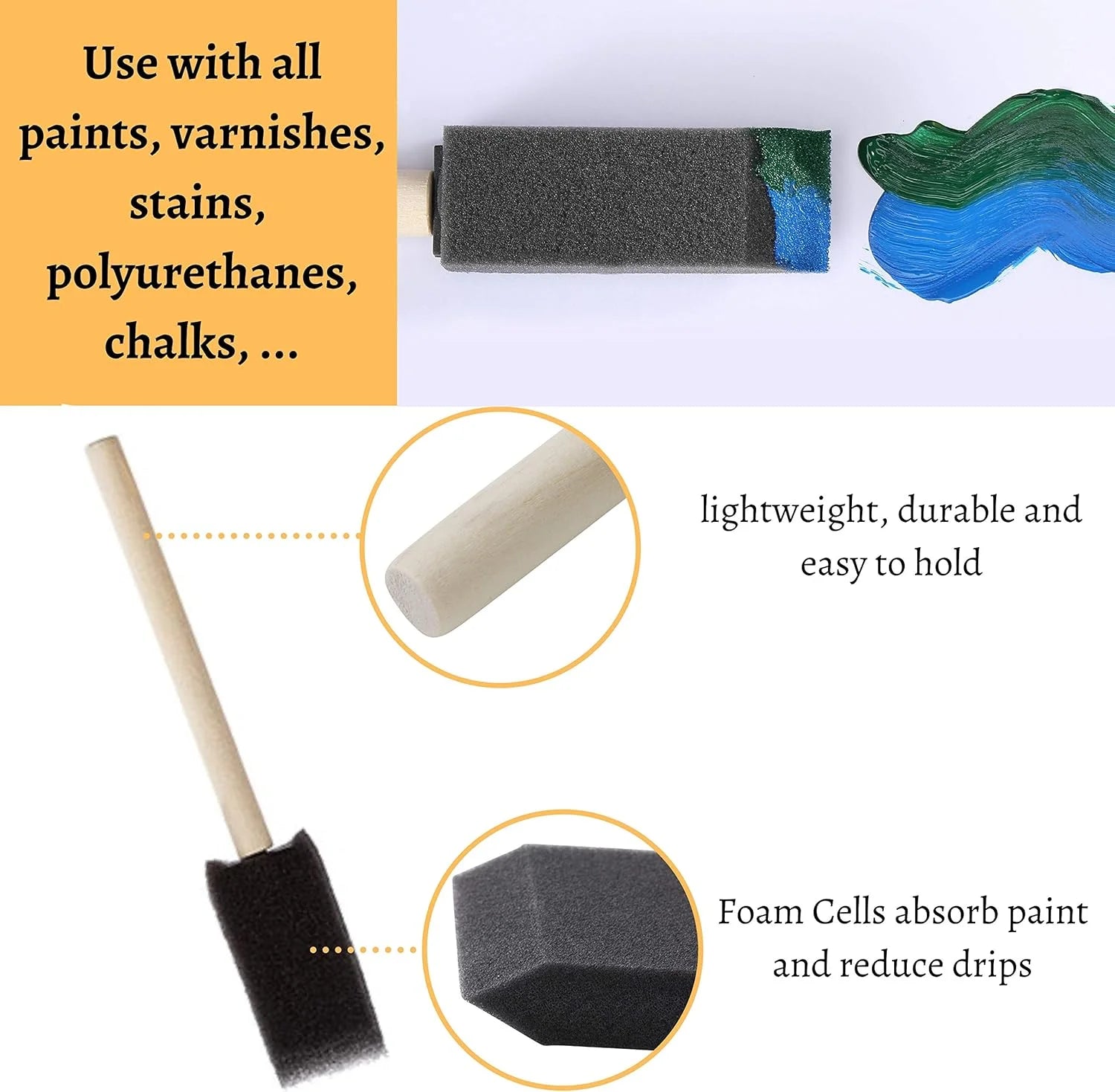 10PCS Wooden Handle Sponge Brushes – Watercolor & Oil Painting