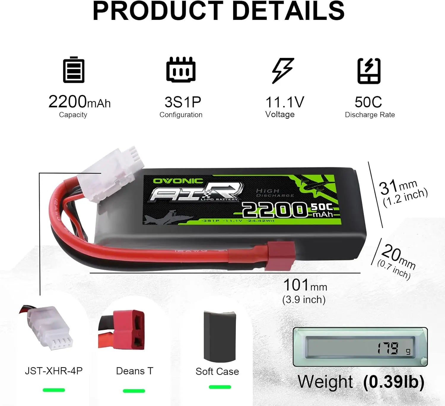 OVONIC 3S 2200mAh 50C Lipo Battery 11.1V with Dean Connector