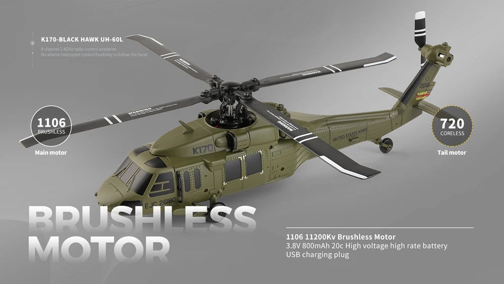 WLtoys K170 RC Helicopter Black Hawk 4CH Dual Brushless
