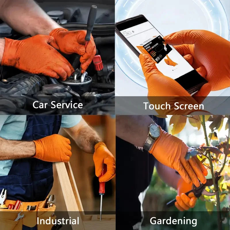 Heavy Duty 8Mil Orange Nitrile Gloves – Diamond Grip Industrial Disposable Gloves