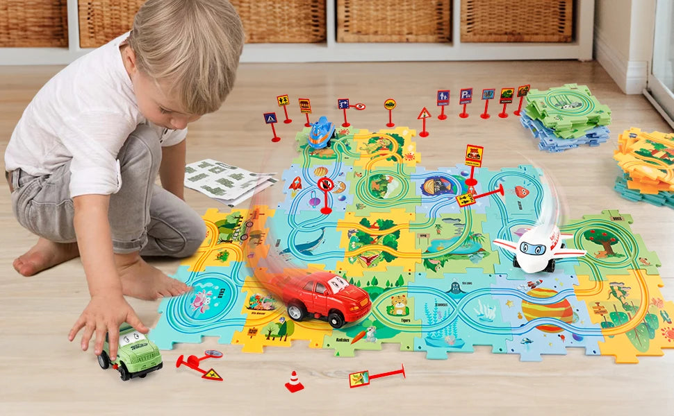 Puzzle Racer Car Track Set – Montessori Brain Toy for Kids Ages 3–6