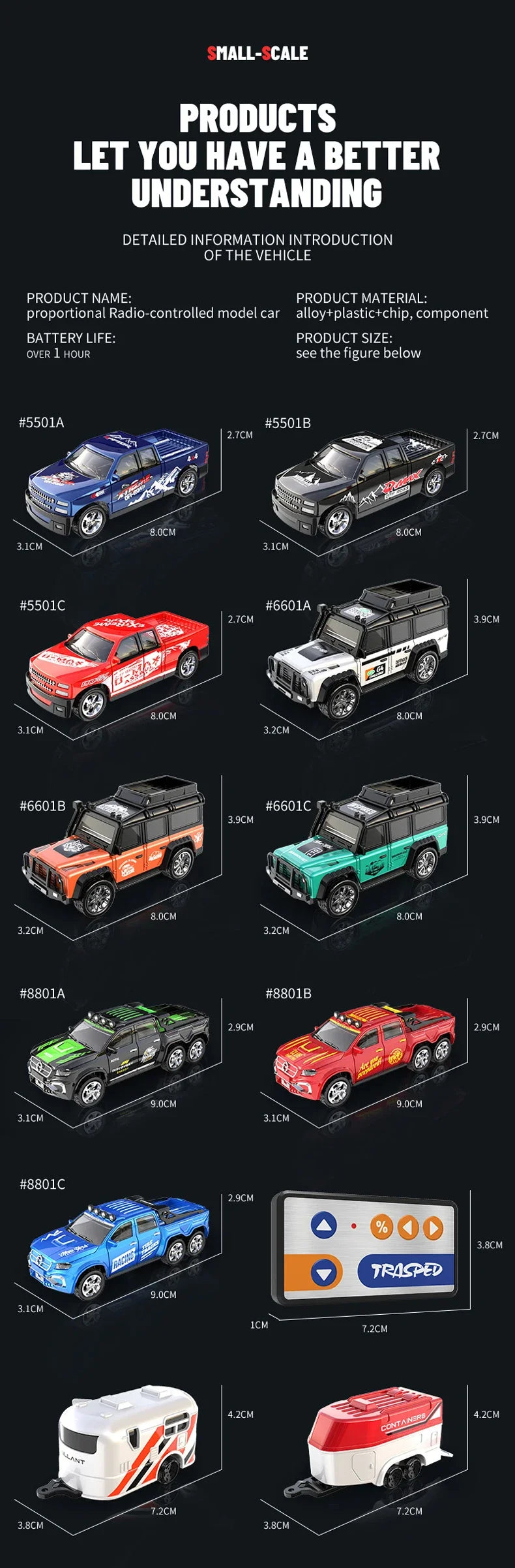 1/64 Mini RC Car 4x4 Alloy Racing Truck with Lights