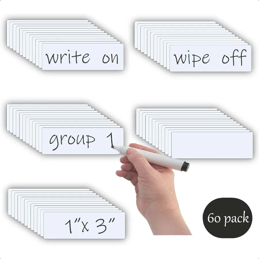 Dry Erase Magnetic Labels 1x3 – Pack of 60 Reusable Waterproof Write-On Magnets for Classroom, Office, Cabinet & Whiteboard