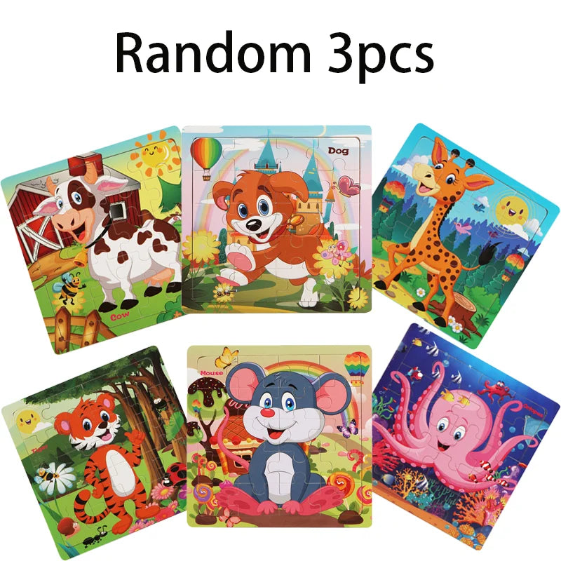 Wooden 3D Cartoon Animal & Vehicle Puzzle – Montessori Educational Toy