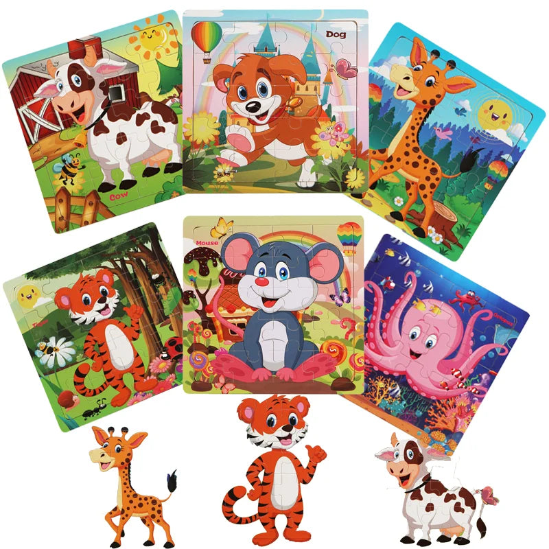 Wooden 3D Cartoon Animal & Vehicle Puzzle – Montessori Educational Toy