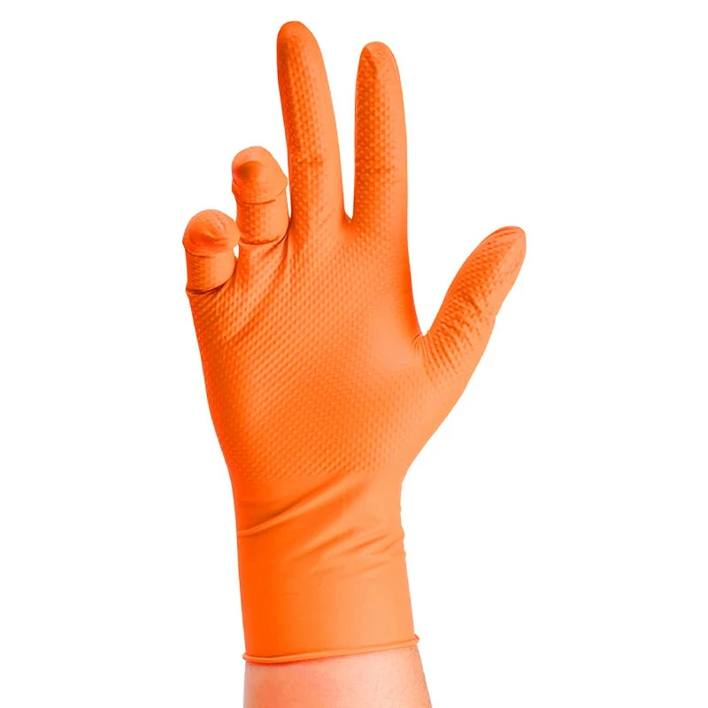 Heavy Duty 8Mil Orange Nitrile Gloves – Diamond Grip Industrial Disposable Gloves