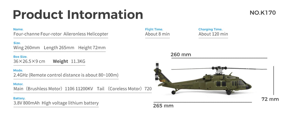 WLtoys K170 RC Helicopter Black Hawk 4CH Dual Brushless