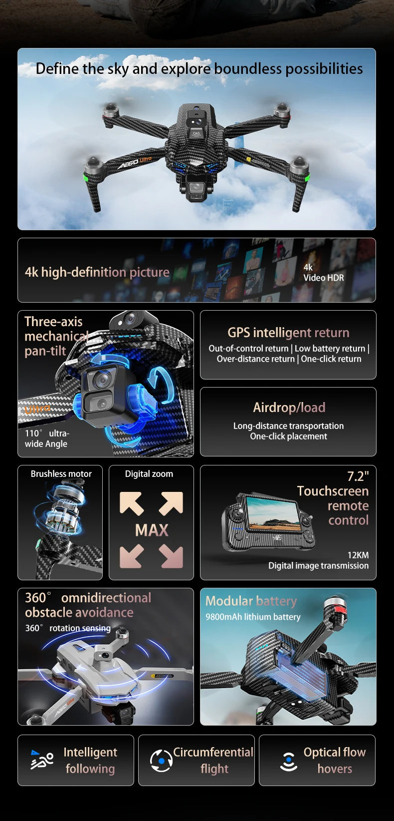 AE60 GPS Drone – 8K Camera, 3-Axis Gimbal, Obstacle Avoidance Quadcopter