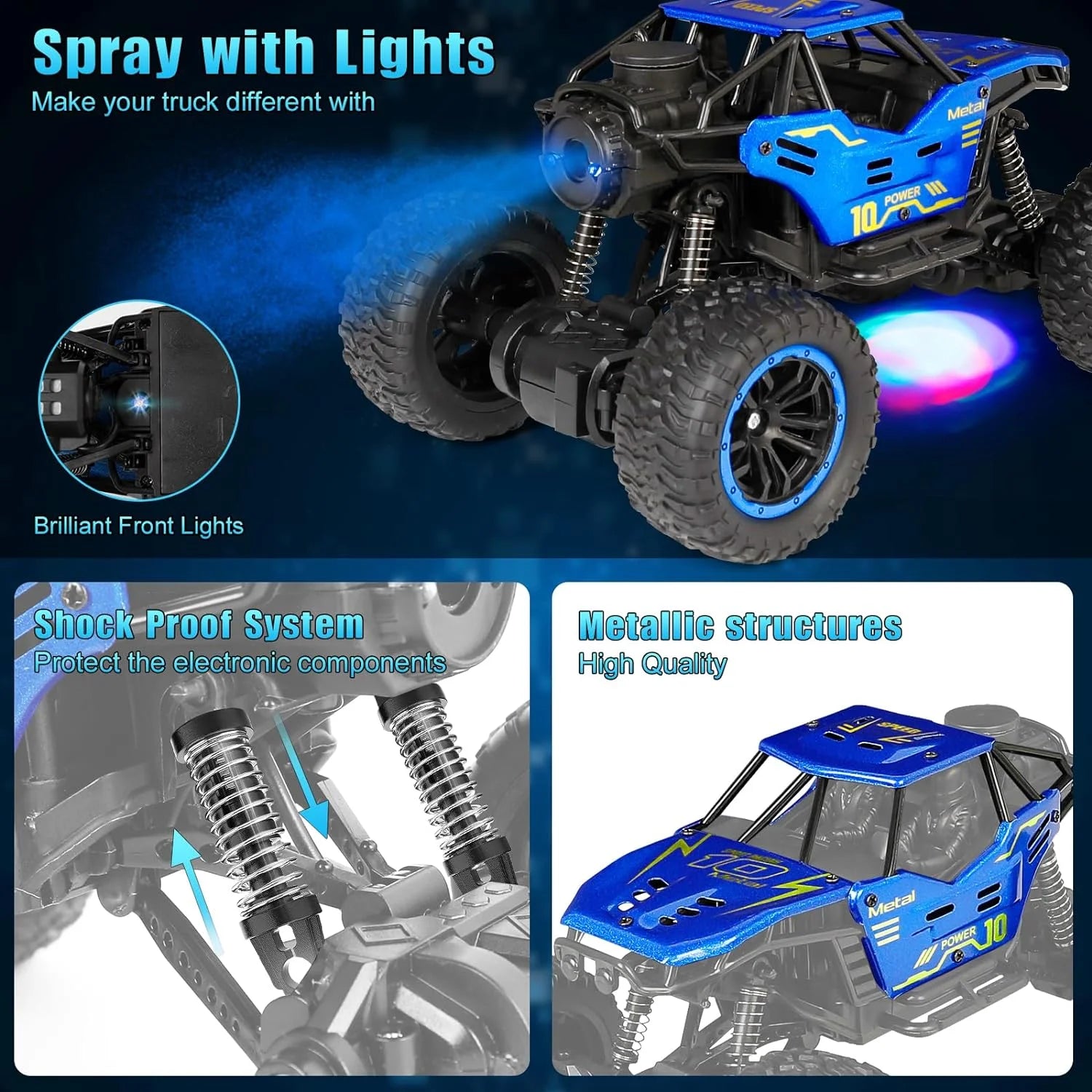 1/18 RC Monster Truck 4WD Alloy Car with Spray & LED Lights