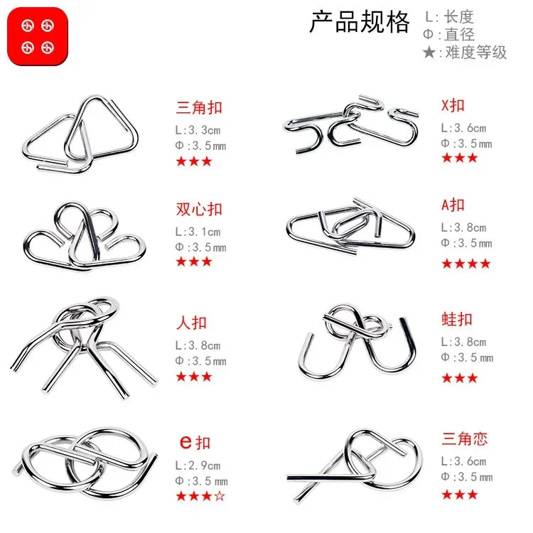 8-Piece Metal Montessori Brain Teaser Set – Wire Puzzle Game for Kids & Adults