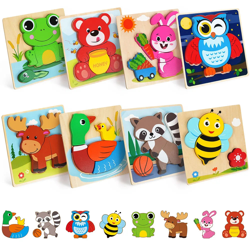 8-Pack Animal Wooden Puzzles – Educational Learning Toys for Toddlers Boys & Girls