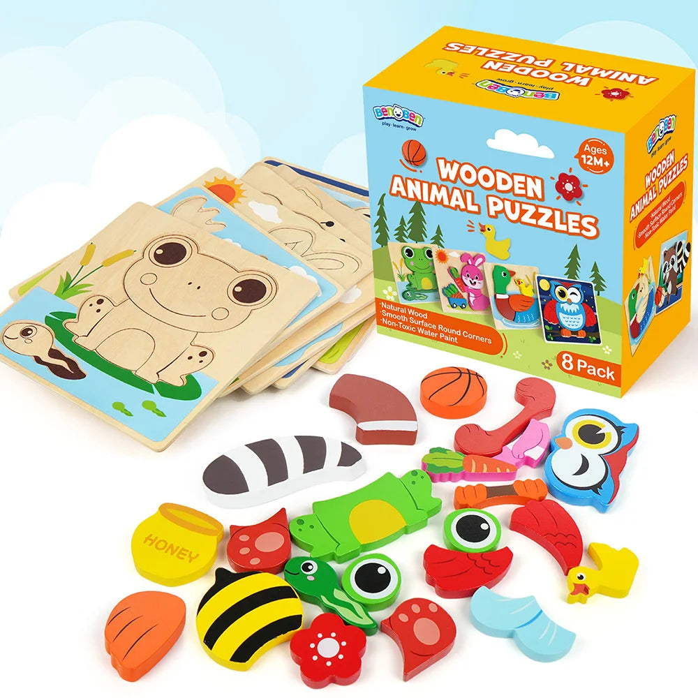 8-Pack Animal Wooden Puzzles – Educational Learning Toys for Toddlers Boys & Girls