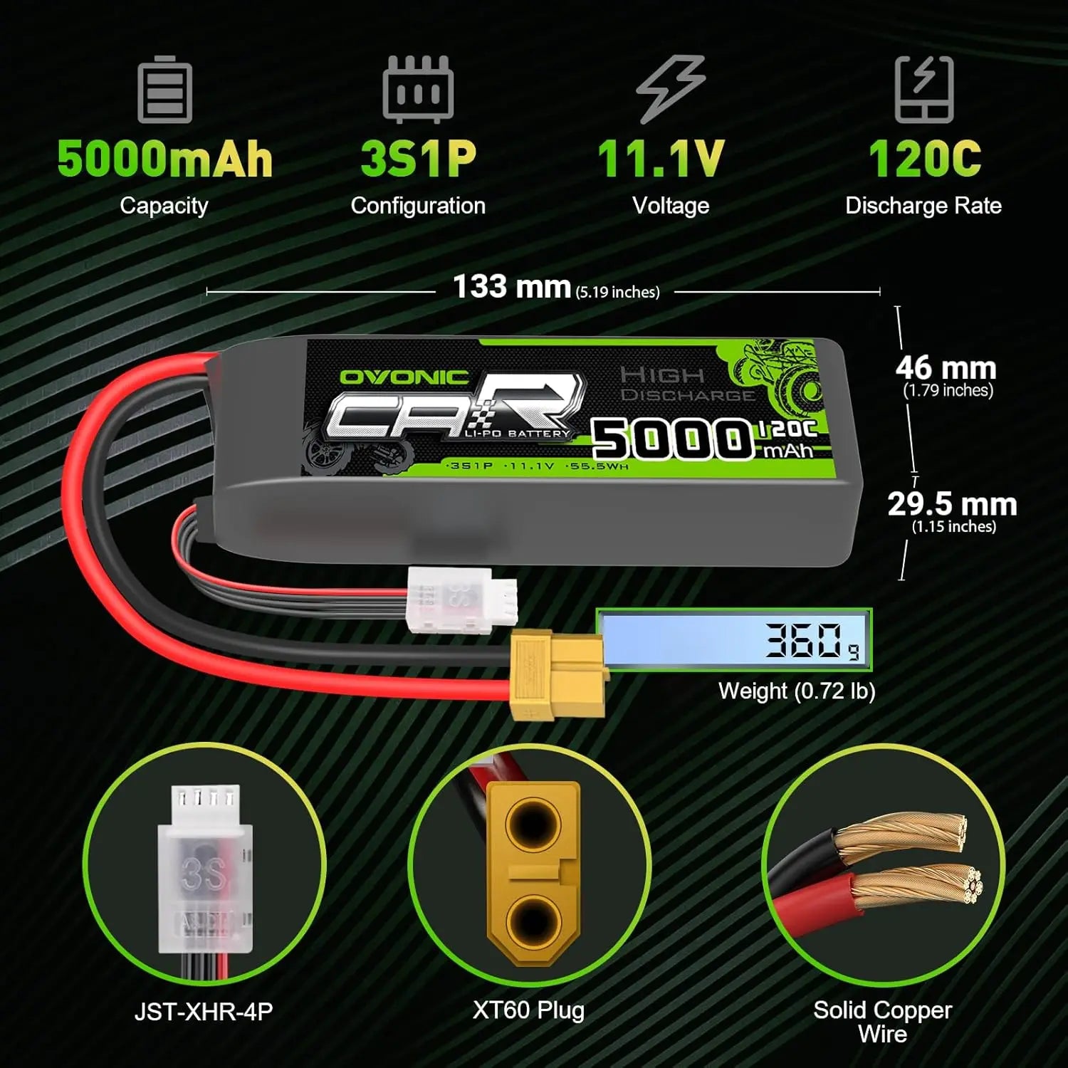 Ovonic 3S LiPo Battery 11.1V 5000mAh 100C with TRA Plug – 2 Pack