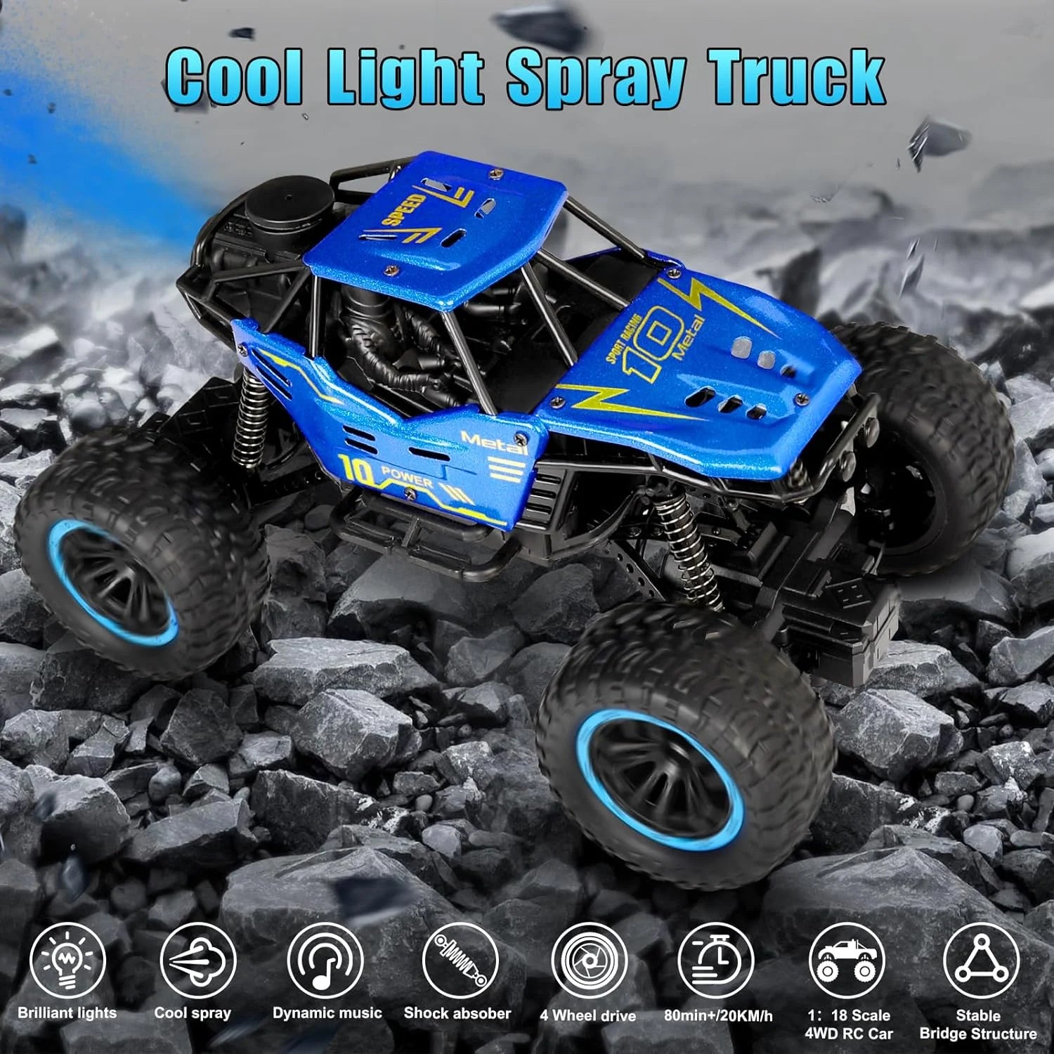 1/18 RC Monster Truck 4WD Alloy Car with Spray & LED Lights