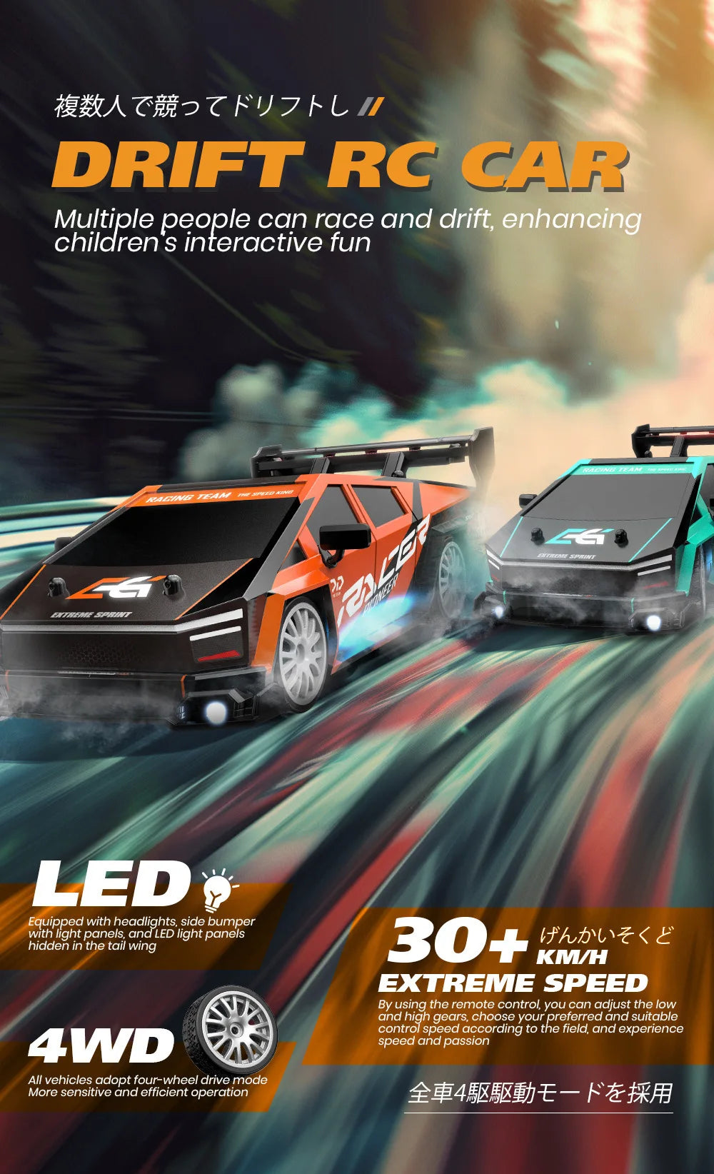 1/24 RC Drift Car 4WD 30km/h with LED Lights – High Speed