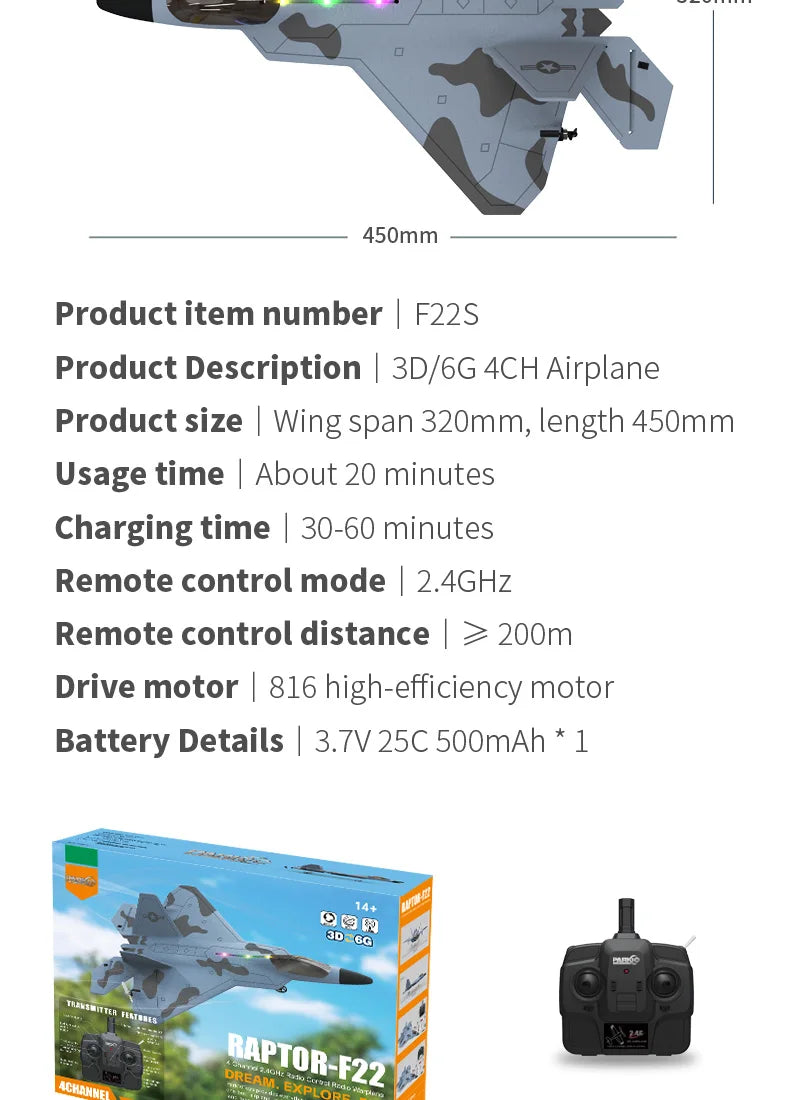 2024 F22S RC Airplane 2.4G 4CH Raptor Jet with LED & Gyro