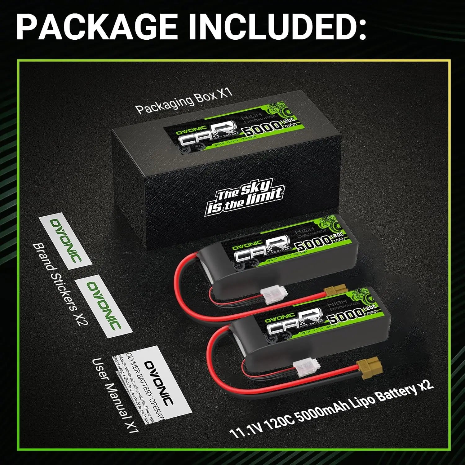 Ovonic 3S LiPo Battery 11.1V 5000mAh 100C with TRA Plug – 2 Pack