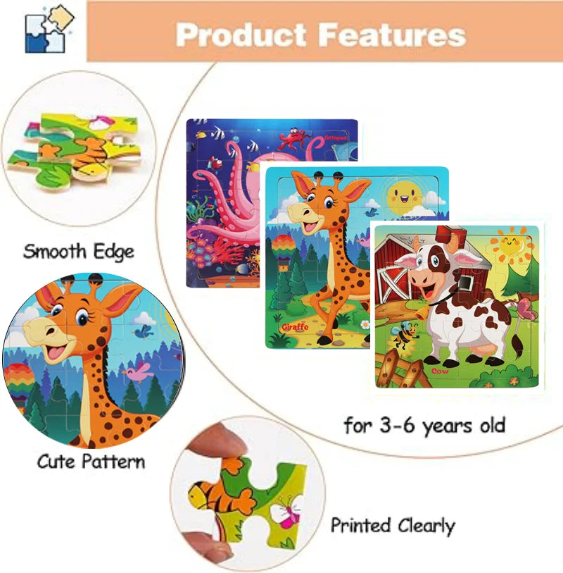 Wooden 3D Cartoon Animal & Vehicle Puzzle – Montessori Educational Toy