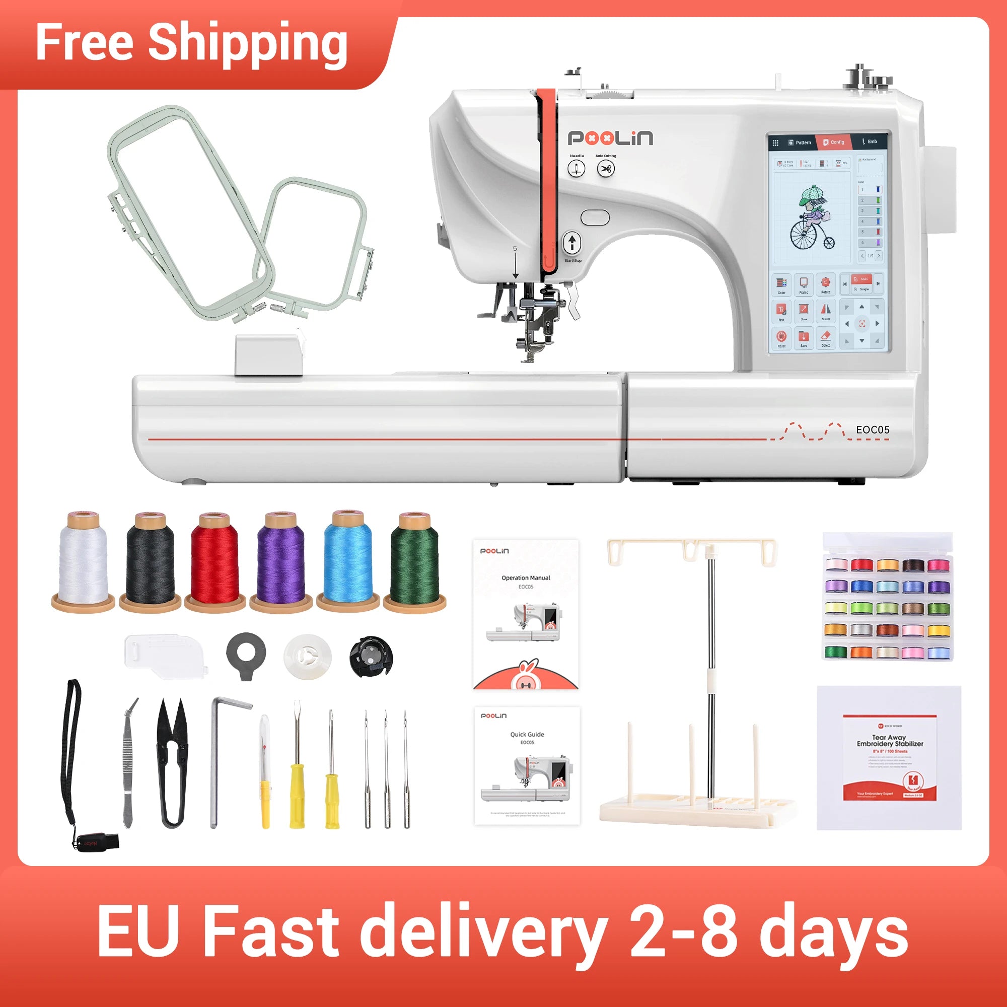 POOLIN EOC05 Computerized Embroidery Machine with Threads & Stabilizer