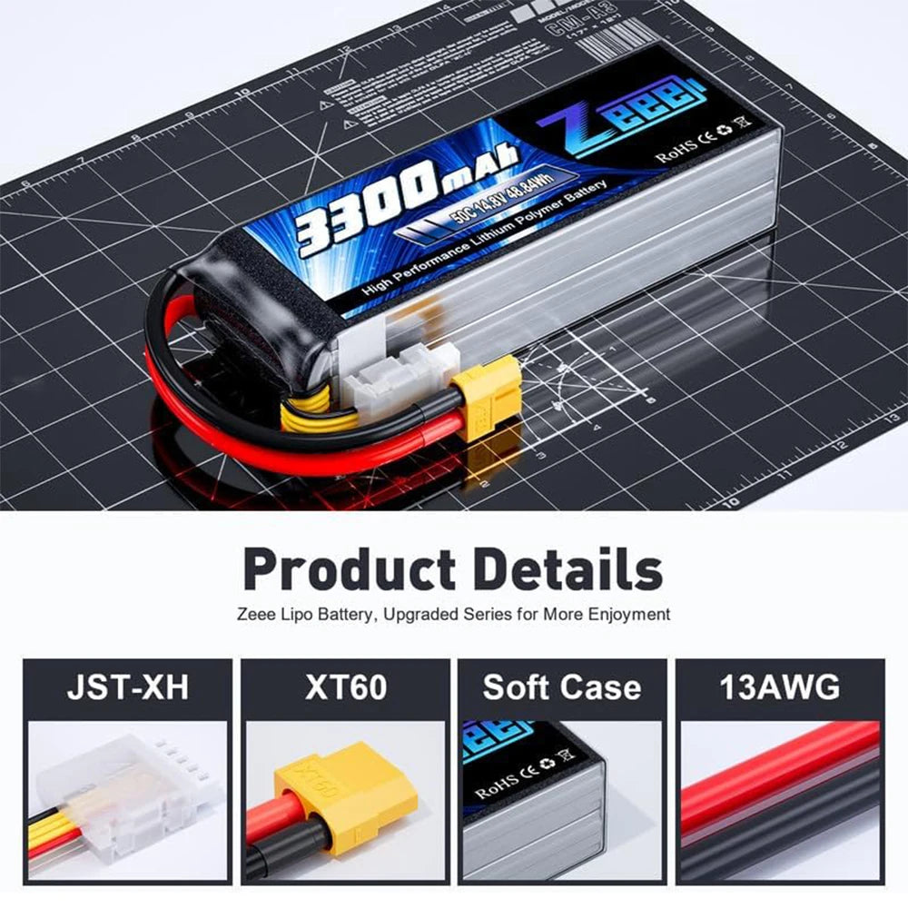 Zeee 4S 14.8V 3300mAh 50C LiPo Battery w/ XT60 (2 Pack)