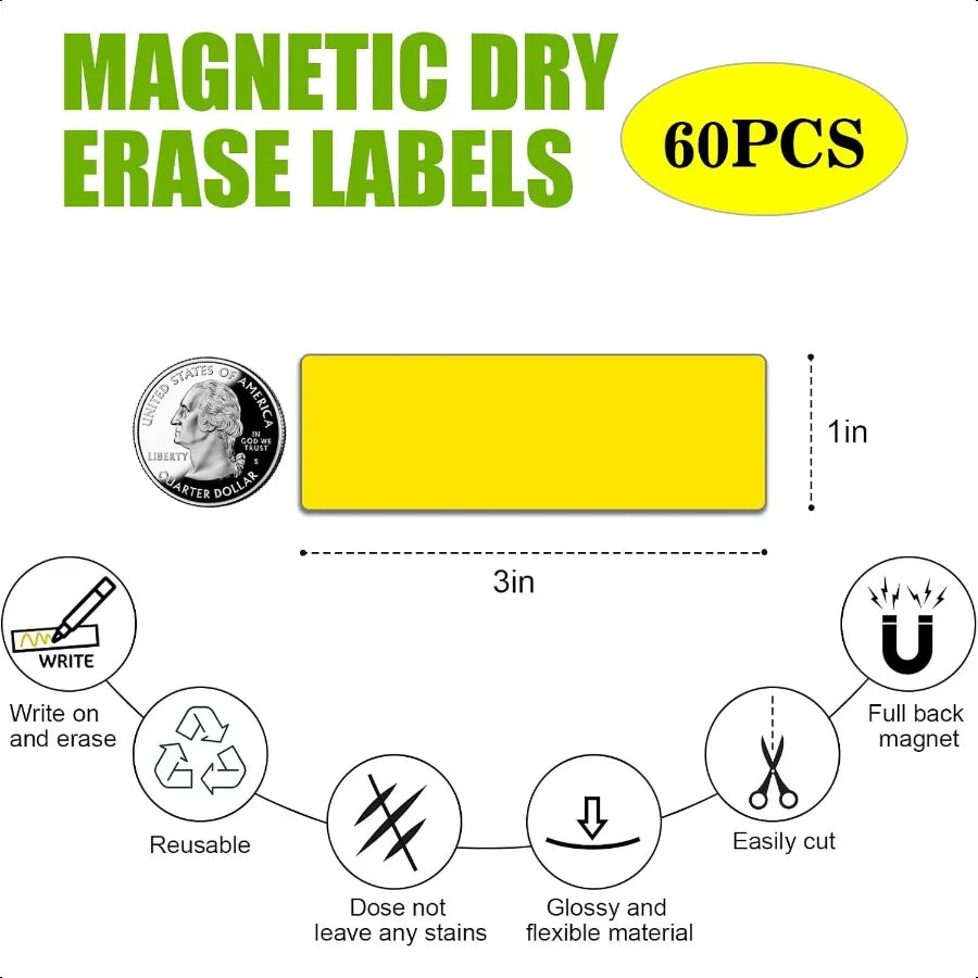 Dry Erase Magnetic Labels 1x3 – Pack of 60 Reusable Waterproof Write-On Magnets for Classroom, Office, Cabinet & Whiteboard
