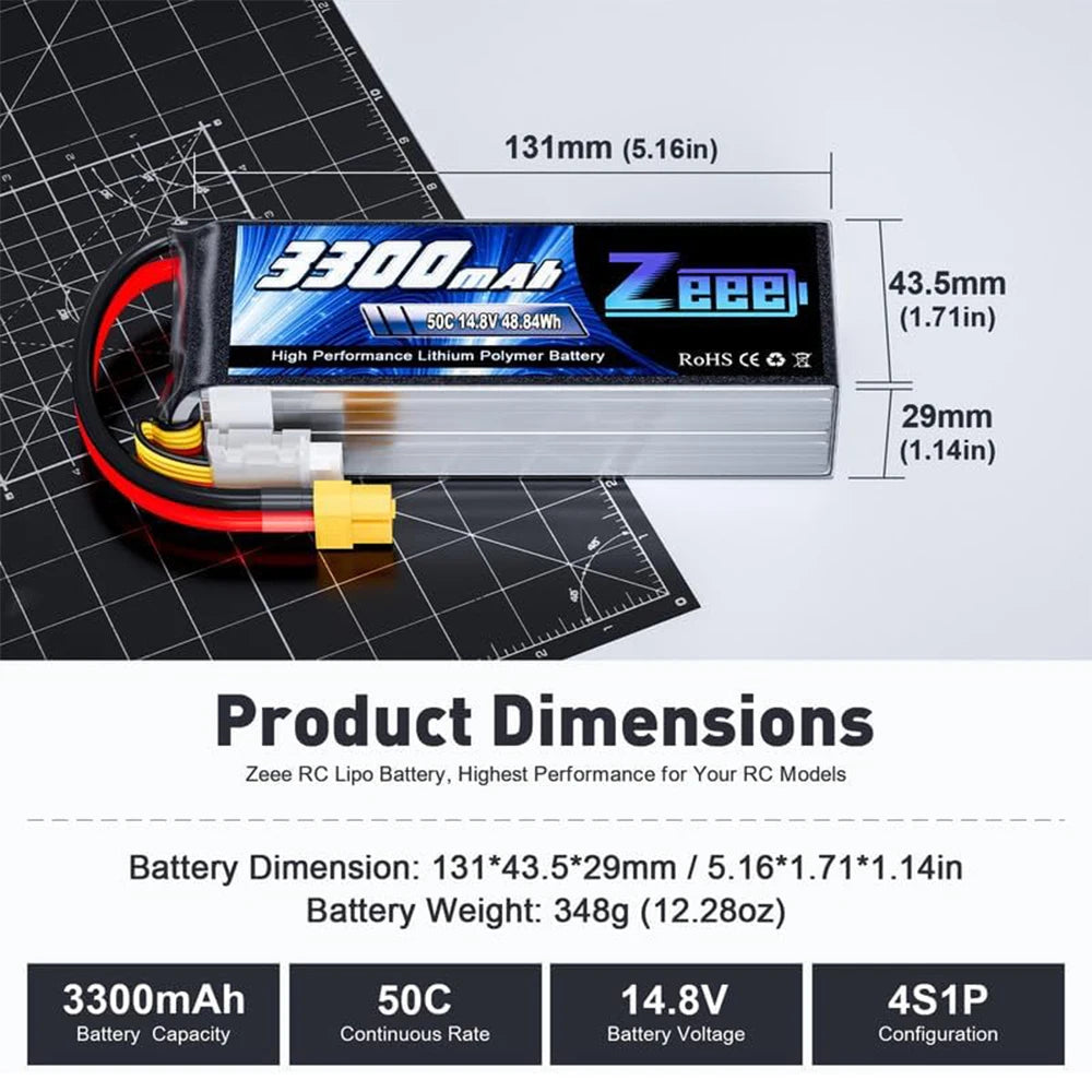 Zeee 4S 14.8V 3300mAh 50C LiPo Battery w/ XT60 (2 Pack)