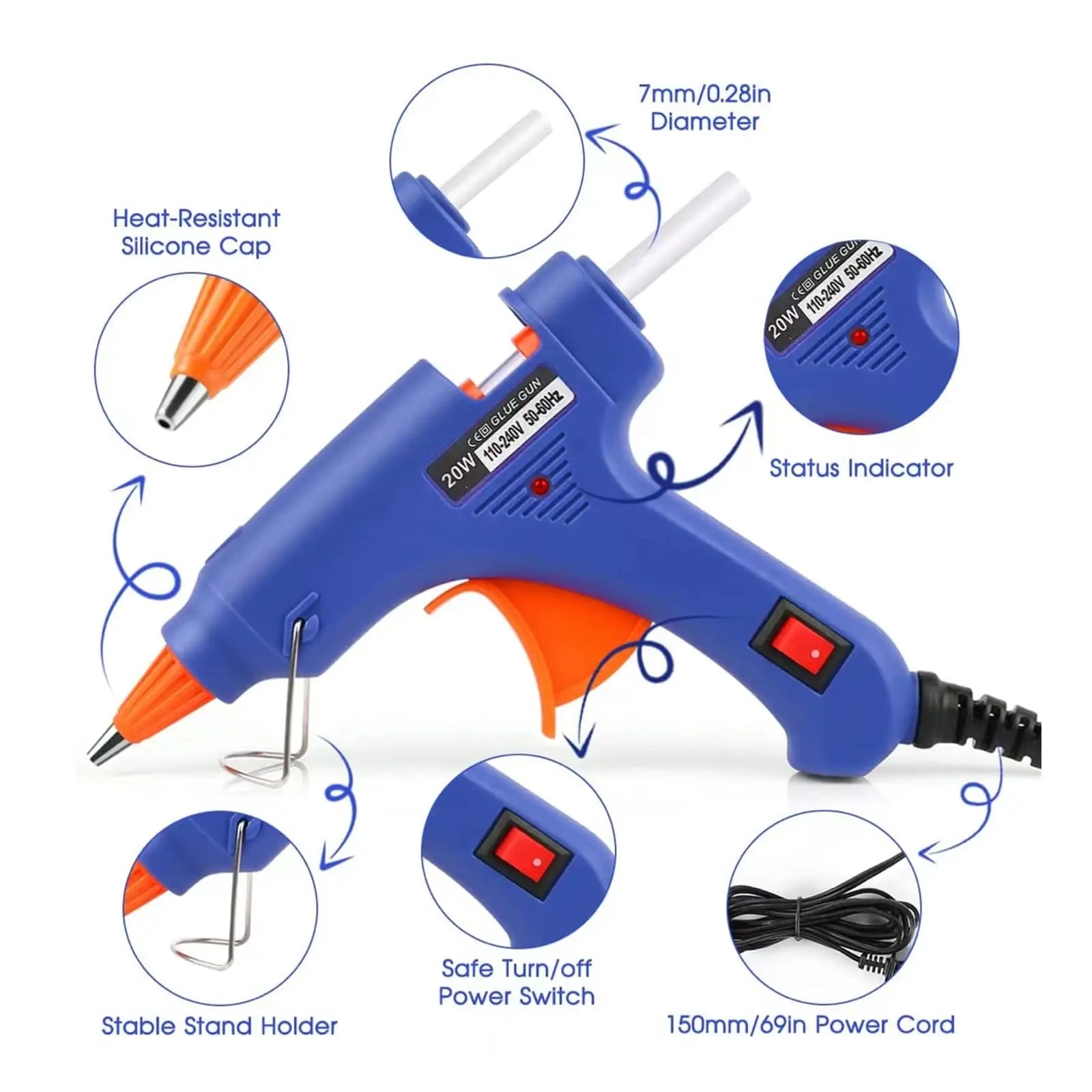 20W Mini Hot Melt Glue Gun – DIY Electric Repair Tool with 7mm Glue Stick Compatibility (EU Plug)