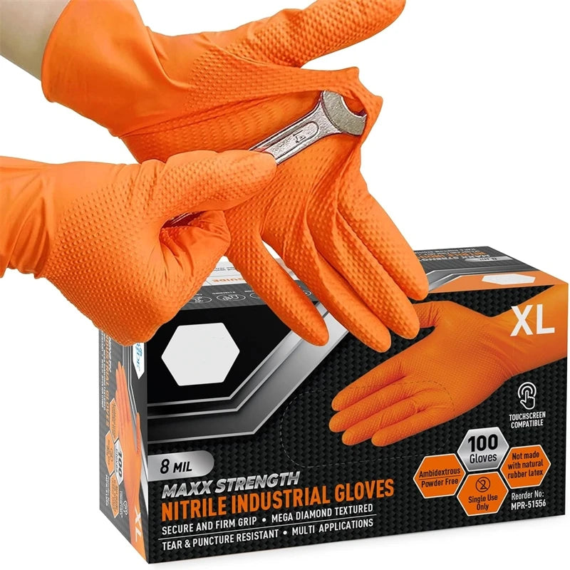 Heavy Duty 8Mil Orange Nitrile Gloves – Diamond Grip Industrial Disposable Gloves