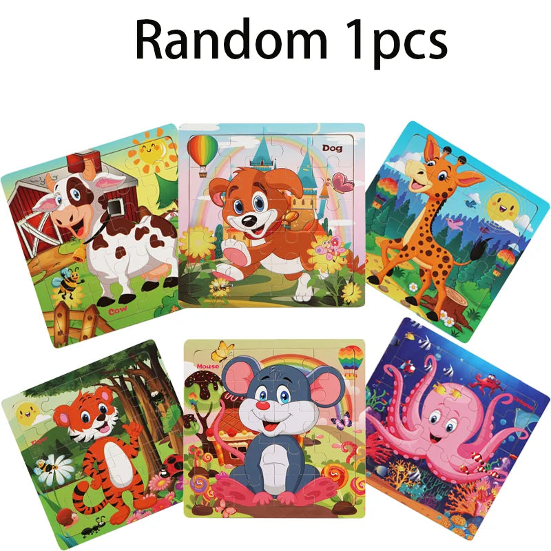 Wooden 3D Cartoon Animal & Vehicle Puzzle – Montessori Educational Toy