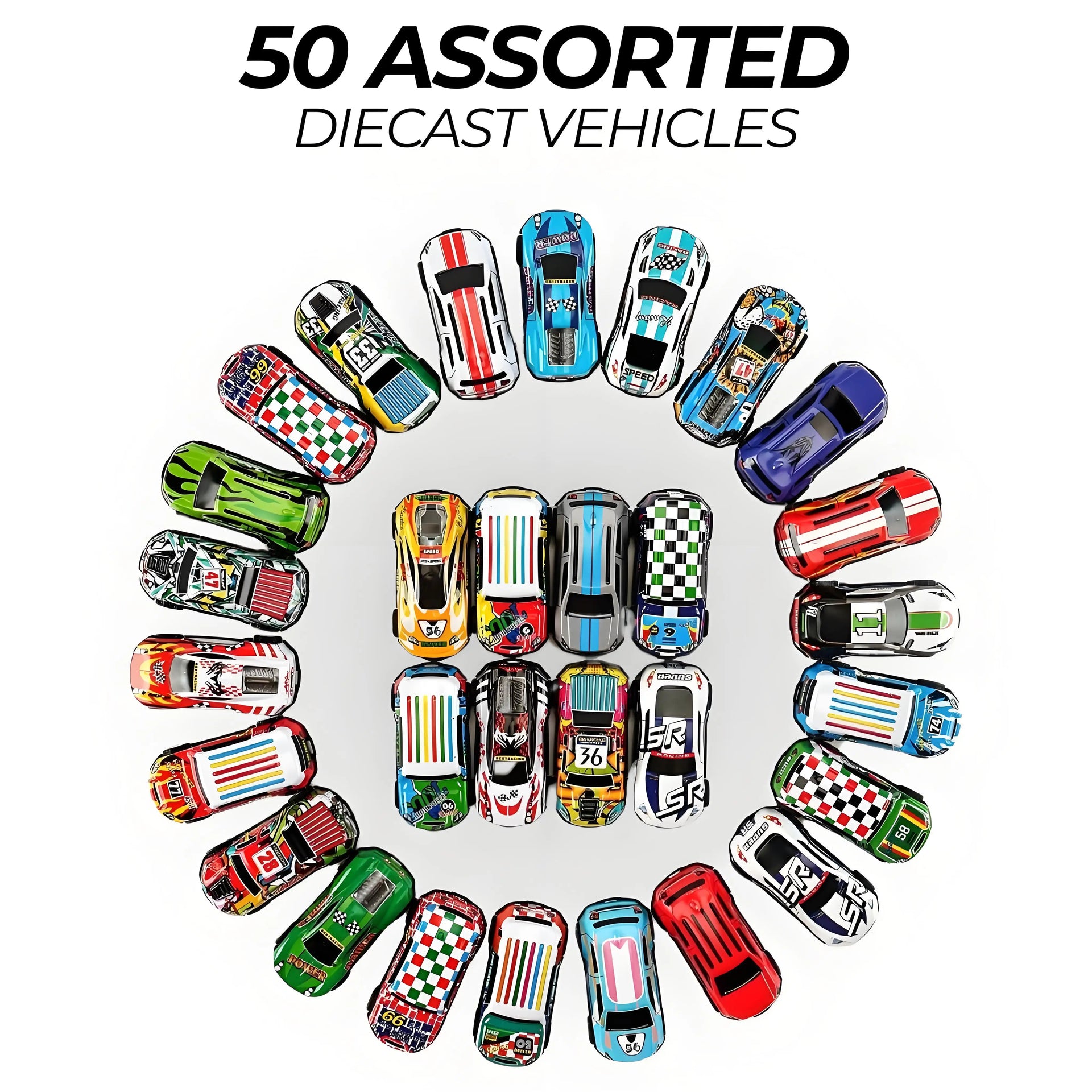 50-Pack Pull-Back Mini Cars – 1:64 Scale Metal Race Vehicles for Kids