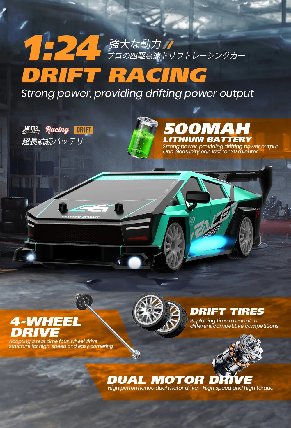 1/24 RC Drift Car 4WD 30km/h with LED Lights – High Speed