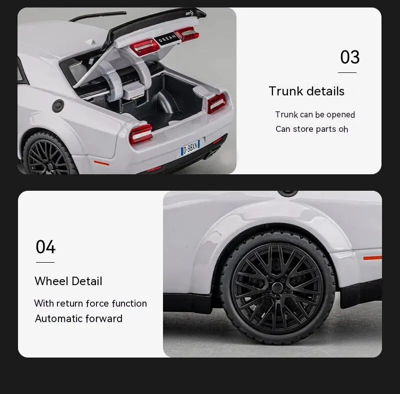 1:32 Dodge Challenger Hellcat Die-Cast Toy Car – Pull Back with Sound & Light